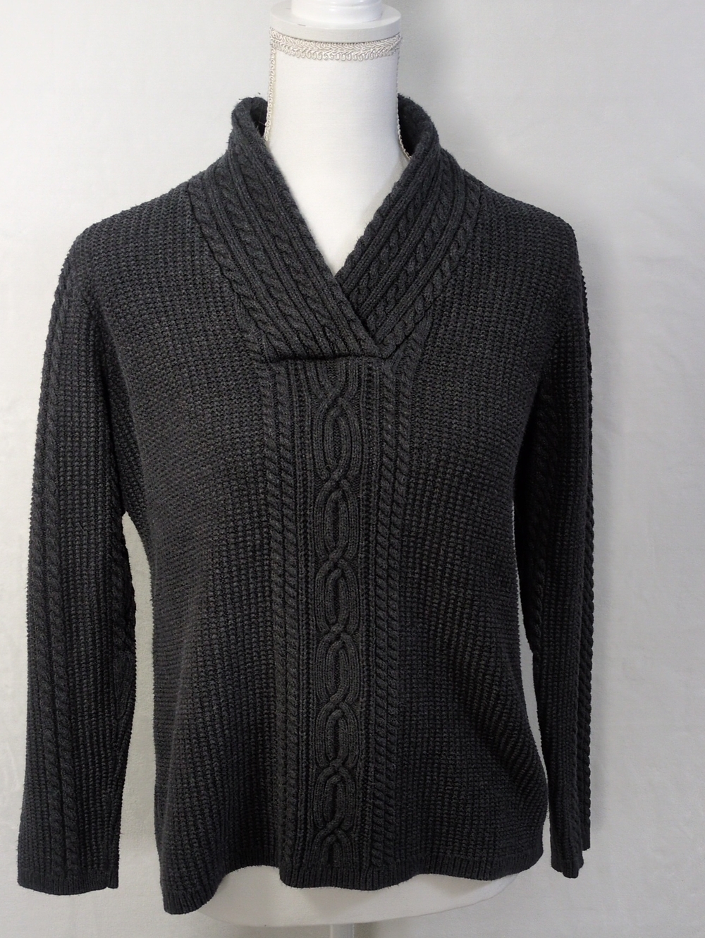 Nautica Charcoal Grey Cable Knit Shawl Collar Sweater Large Preppy